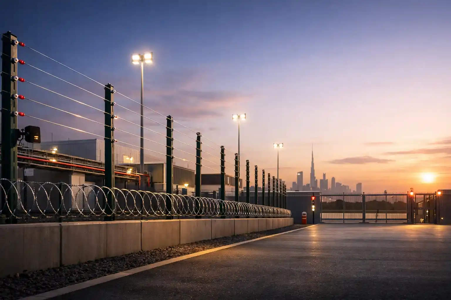 Perimeter security fencing and electrical infrastructure at a Powerzone facility in the UAE at night