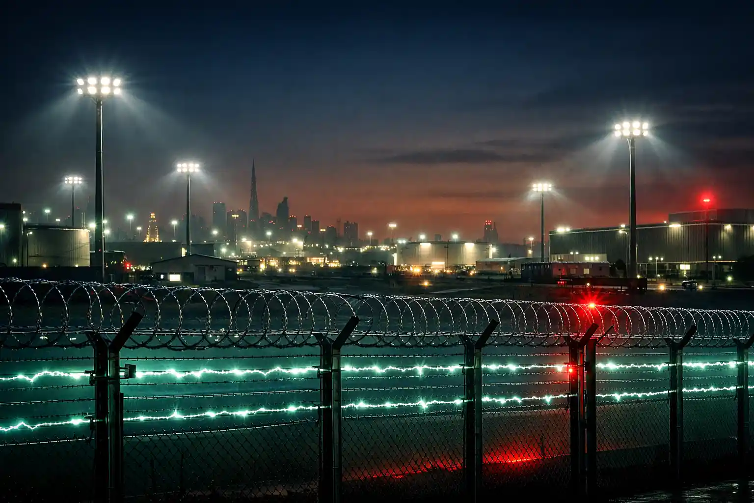 Perimeter security fencing and electrical infrastructure at an industrial facility in the UAE at night