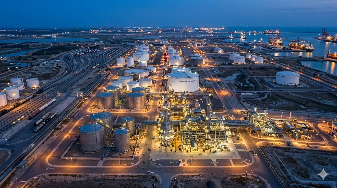 Aerial night view of an industrial refinery and port facility where Powerzone has delivered security and electrical projects